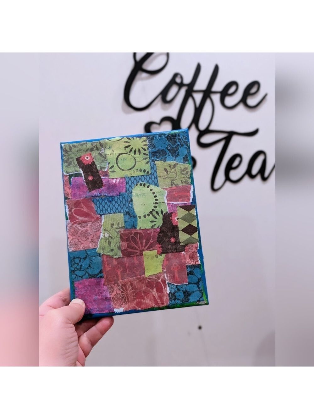 Handmade Patchwork Art Canvas – Blue, Green, Pink Collage